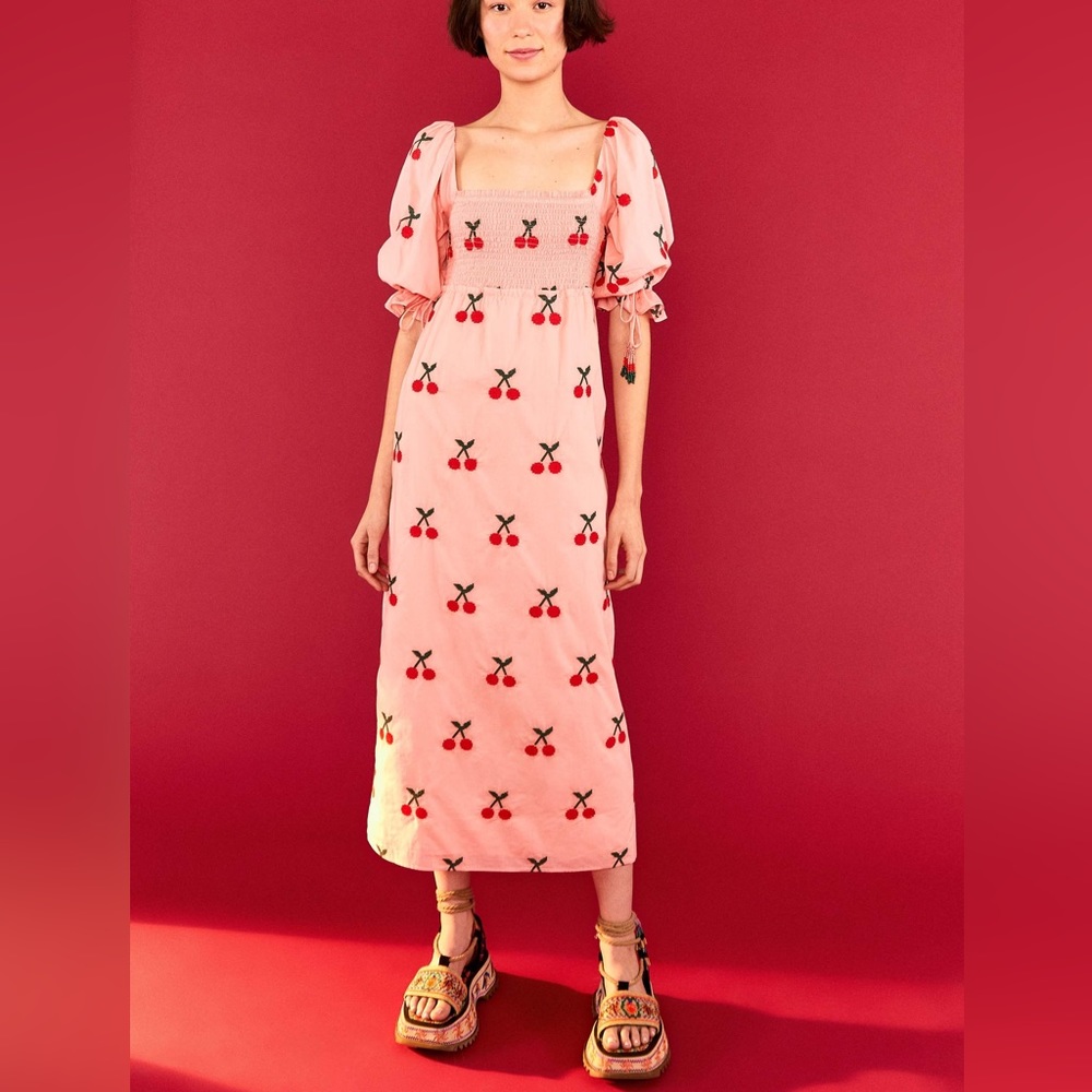 Farm Rio Cherry cross Stitch midi dress